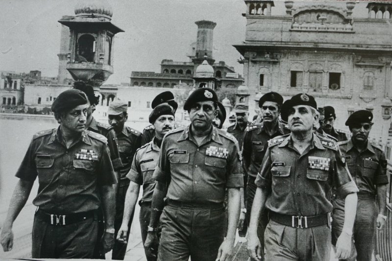 Senior army officers at the site of a military operation ordered by Then-Prime Minister Indira Gandhi, to remove Sikh separatists in the Golden Temple in Amritsar, India, in 1984.