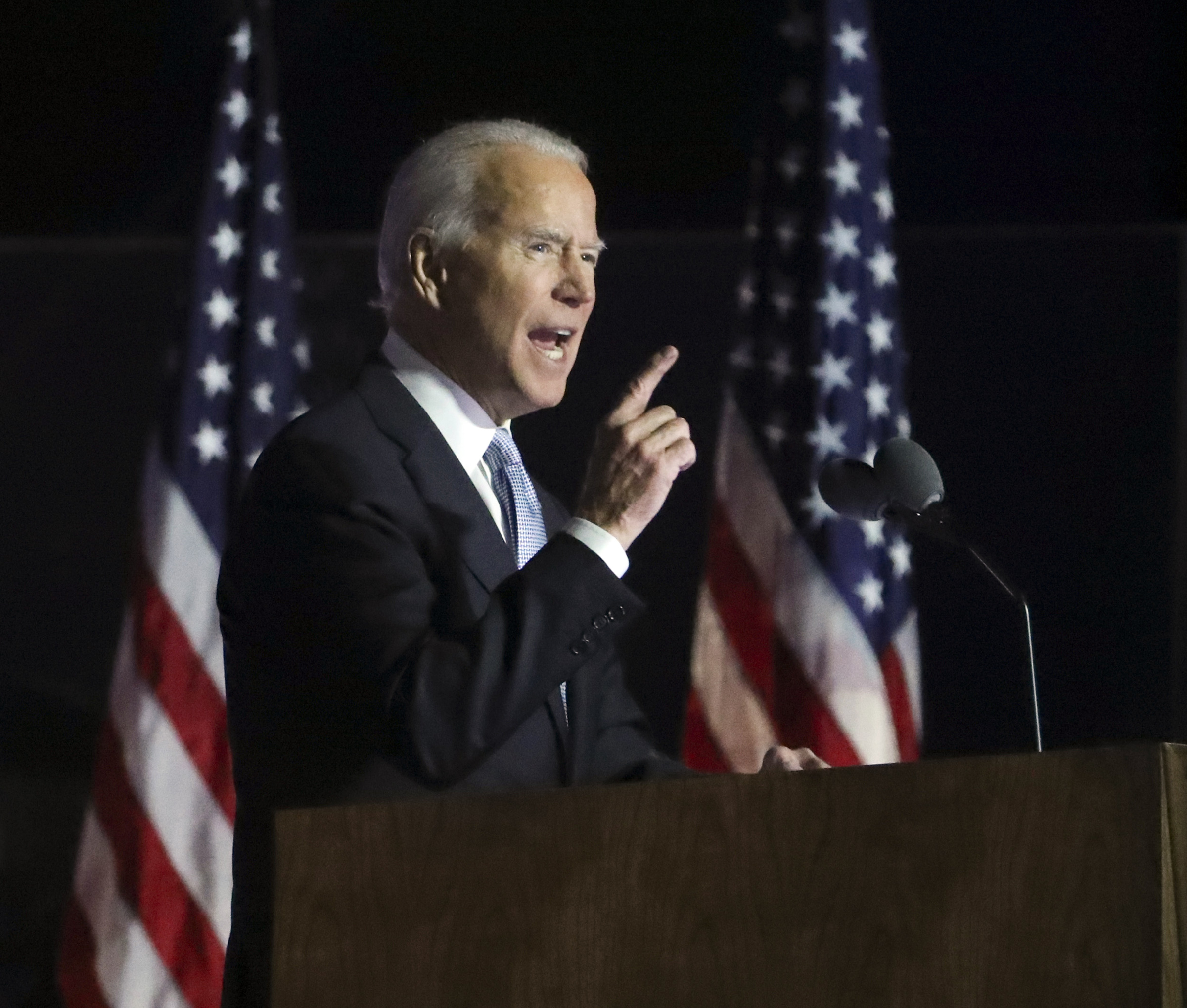 President Joe Biden delivers a victory speech outside the Chase Center in Wilmington, Del. on Nov. 7, 2020. (William Bretzger—USA TODAY NETWORK/Sipa USA)