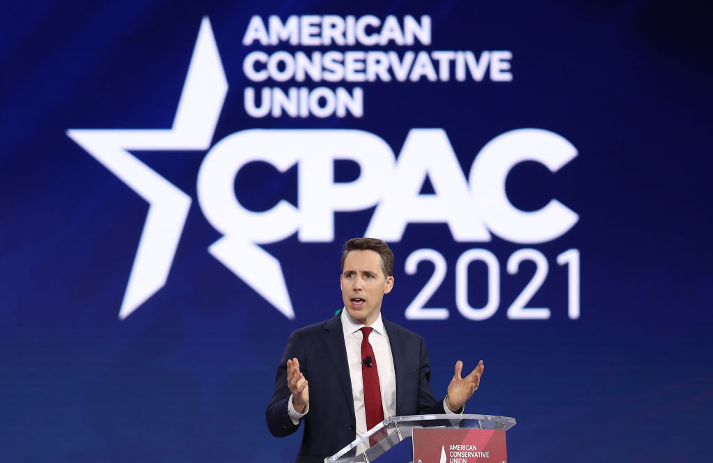 Sen. Josh Hawley (R-MO) addresses the Conservative Political Action Conference on February 26, 2021 in Orlando, Florida. (Joe Raedle/Getty Images)
