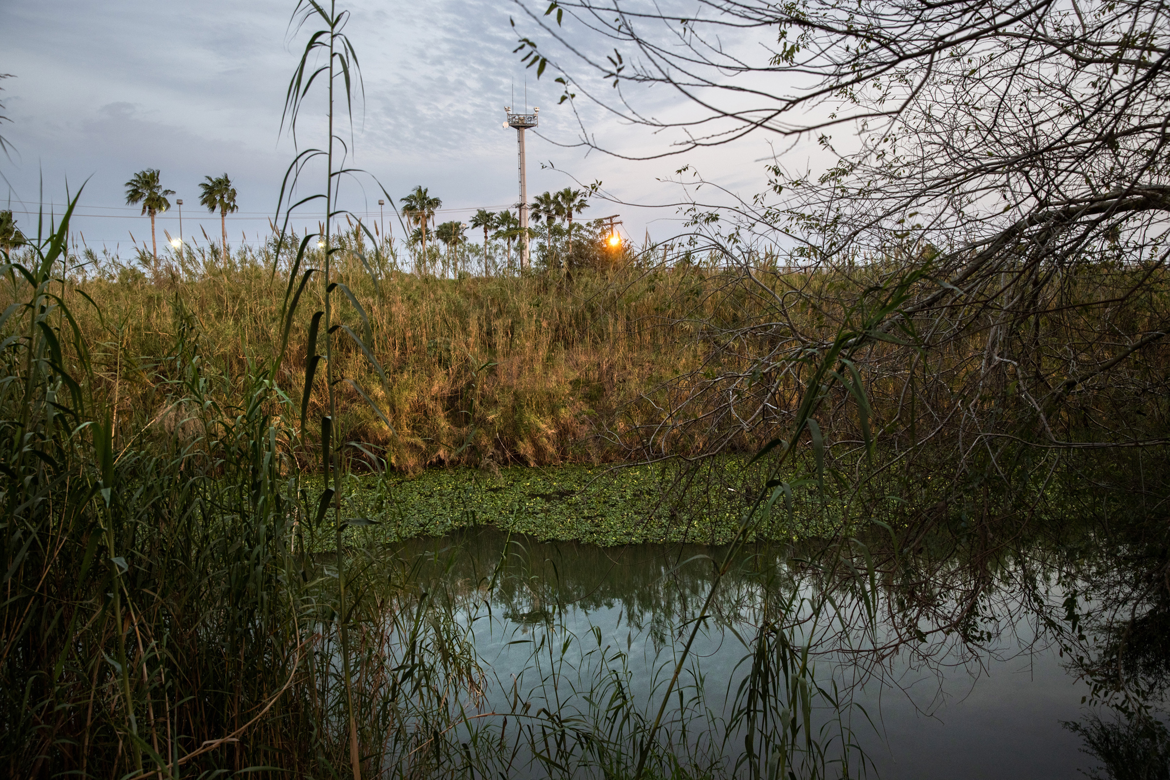 A U.S. Border Patrol surveillance tower stands on the other side of the Rio Grande in Matamoros, Mexico, on Feb. 7, 2021. (John Moore—Getty Images)