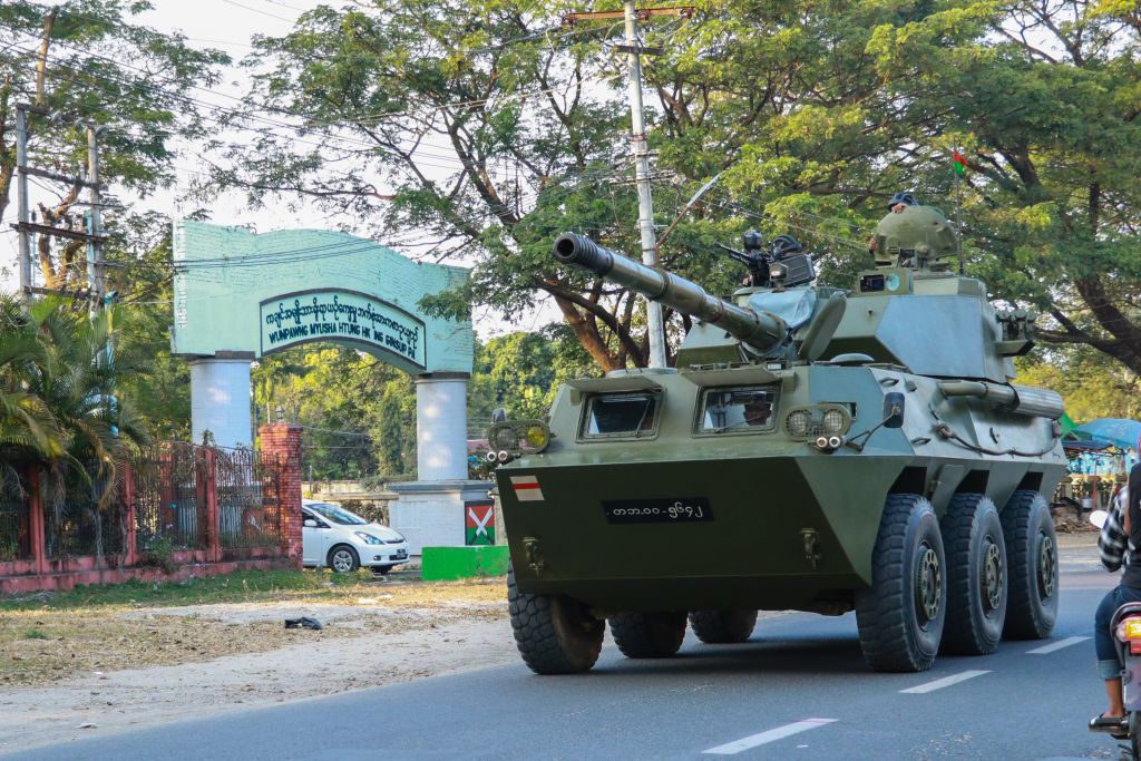 A military armoured vehicle is seen along a street in Myitkyina, Kachin State on February 2, 2021, as Myanmar's generals appeared in firm control a day after a surgical coup that saw democracy heroine Suu Kyi detained. (Photo by STR / AFP) (Photo by STR/AFP via Getty Images) (AFP via Getty Images)