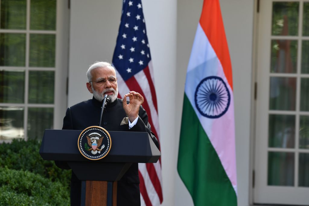 Indian Prime Minister Narendra Modi speaks during a joint press conference with U.S. President Donald Trump in the Rose Garden at the White House in Washington, D.C., June 26, 2017. (Nicholas Kamm–AFP/Getty Images)