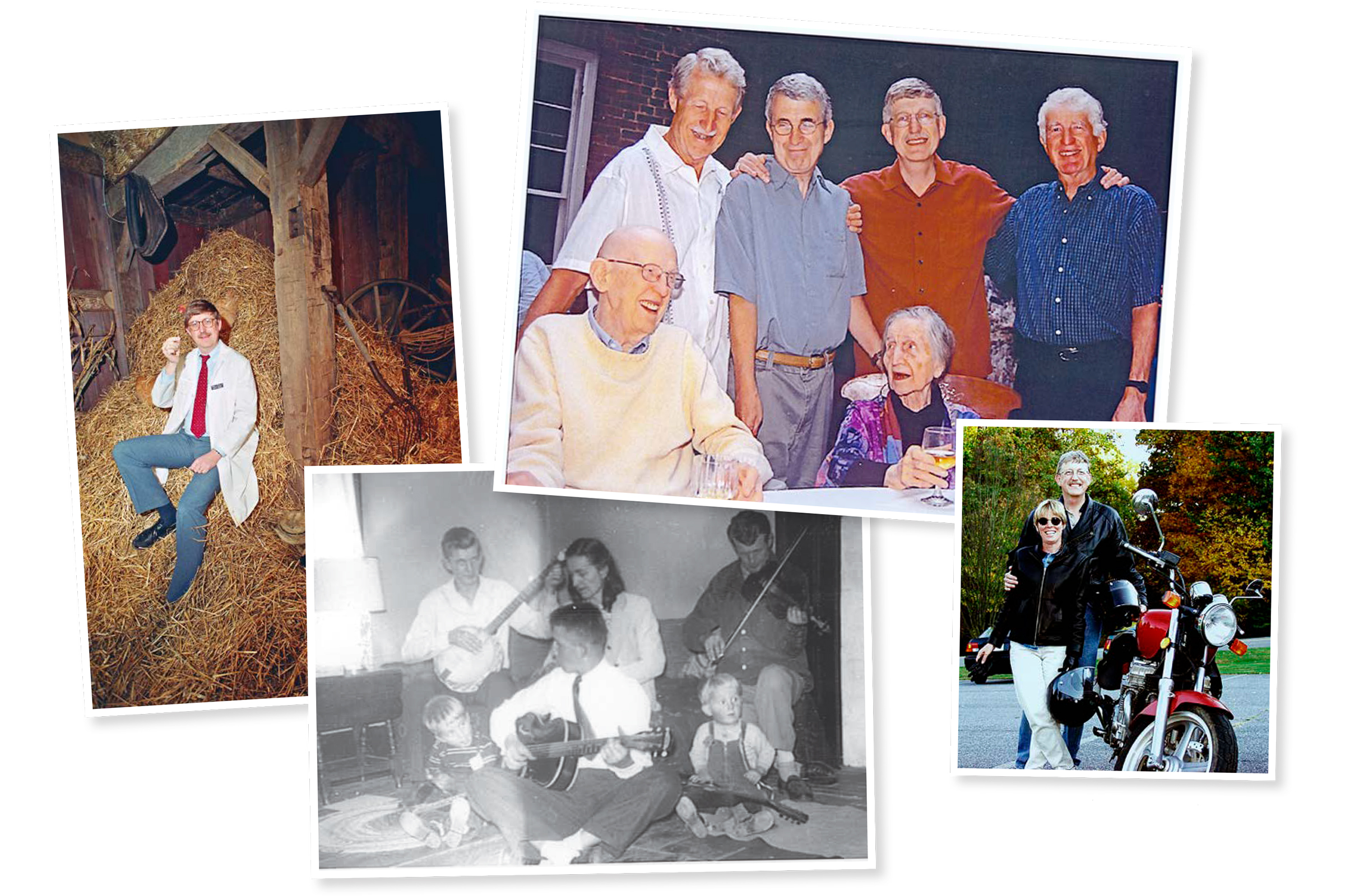 From left: Collins illustrating the challenge of gene hunting in 1989; with family in 1951 and 2003; with his second wife Diane Baker in 2004 (From left: Tom Treuter; Collins Family Collection (2); Eric Green)