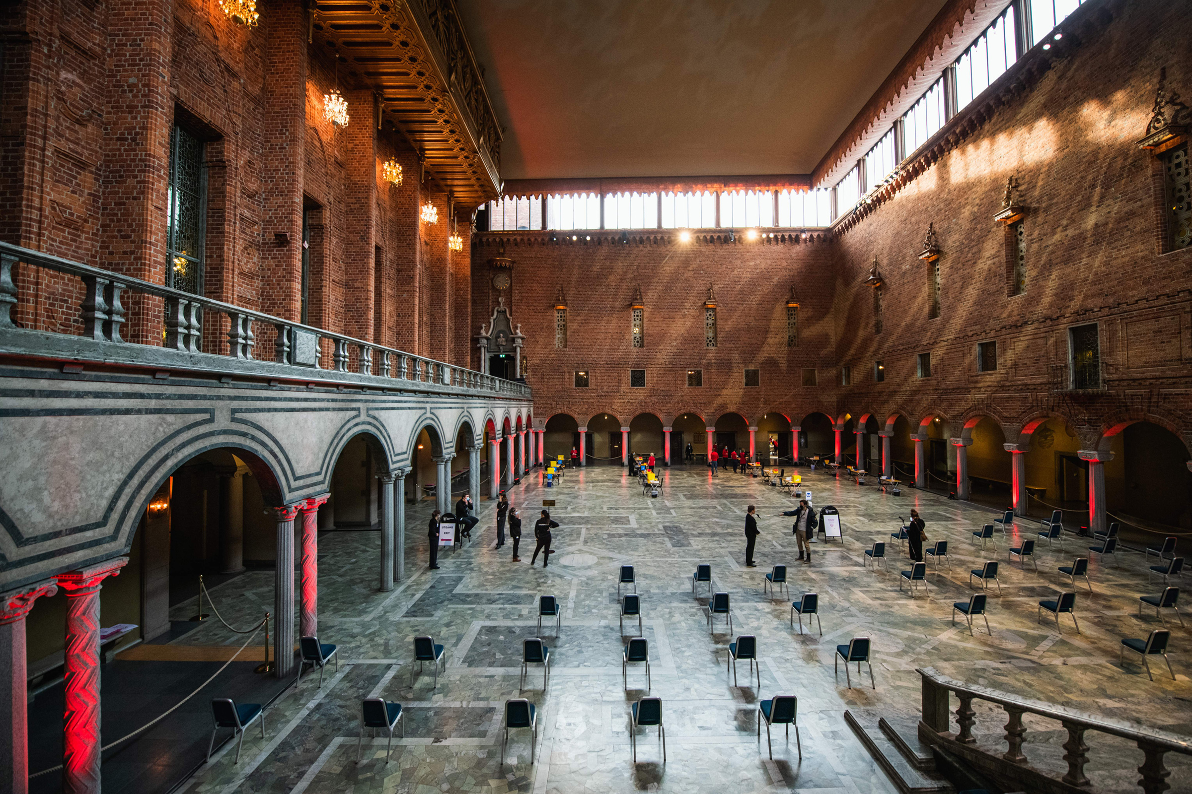 Preparations take place at Stockholm's City Hall to convert the Nobel Prize venue into a COVID-19 vaccination site on Feb. 21, 2021. (Jonathan Nackstrand—AFP/Getty Images)