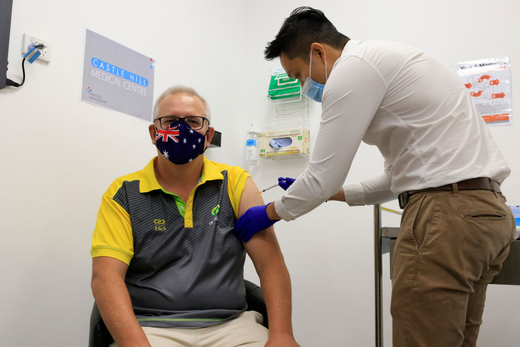 Australian Prime Minister Scott Morrison receives a COVID-19 vaccination at Castle Hill Medical Centre in Sydney, Australia on Feb. 21, 2021. (Mark Evans—Getty Images)