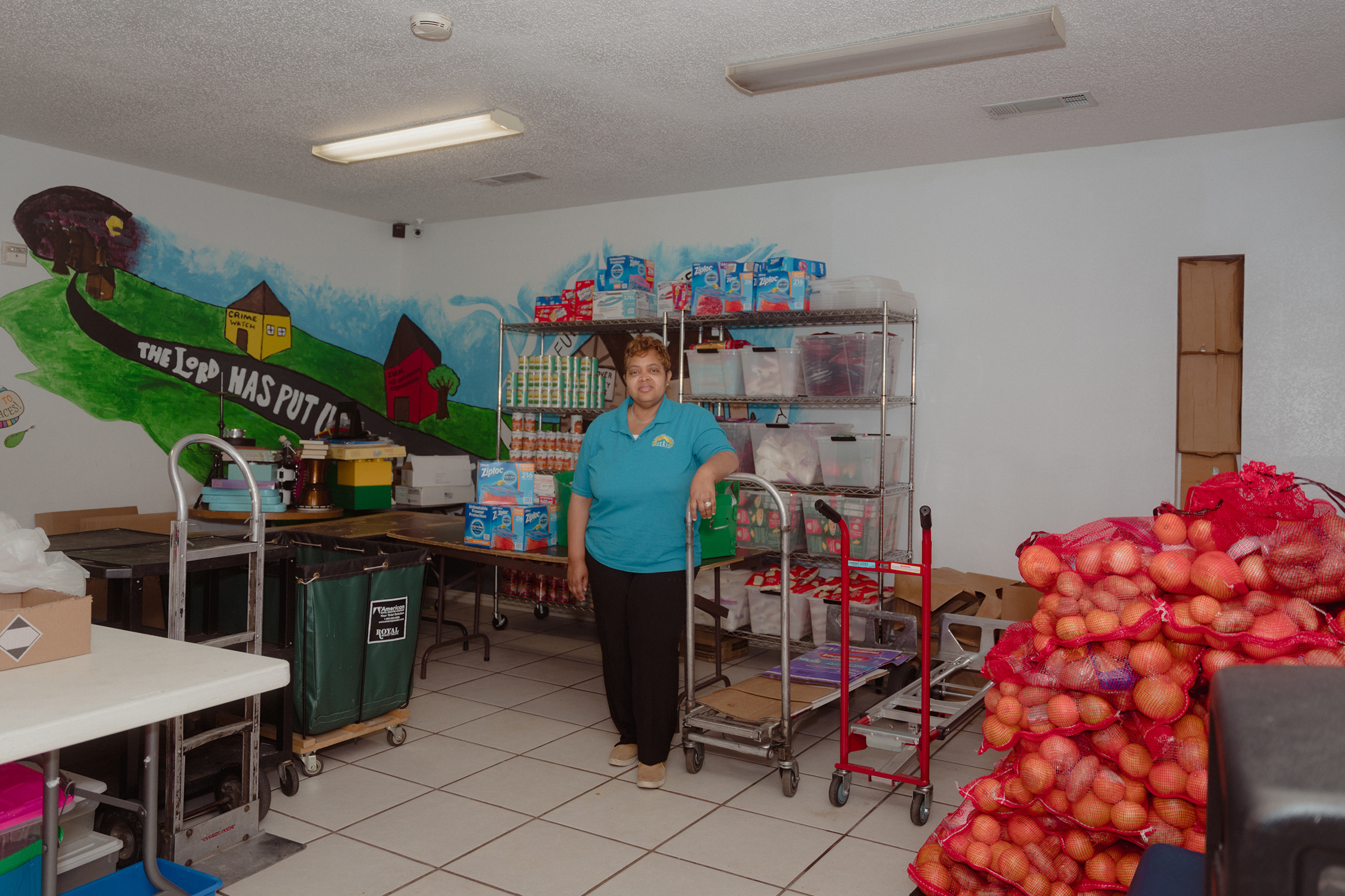 Sherri Mixon at the food pantry she manages in Dallas, on Feb. 13.