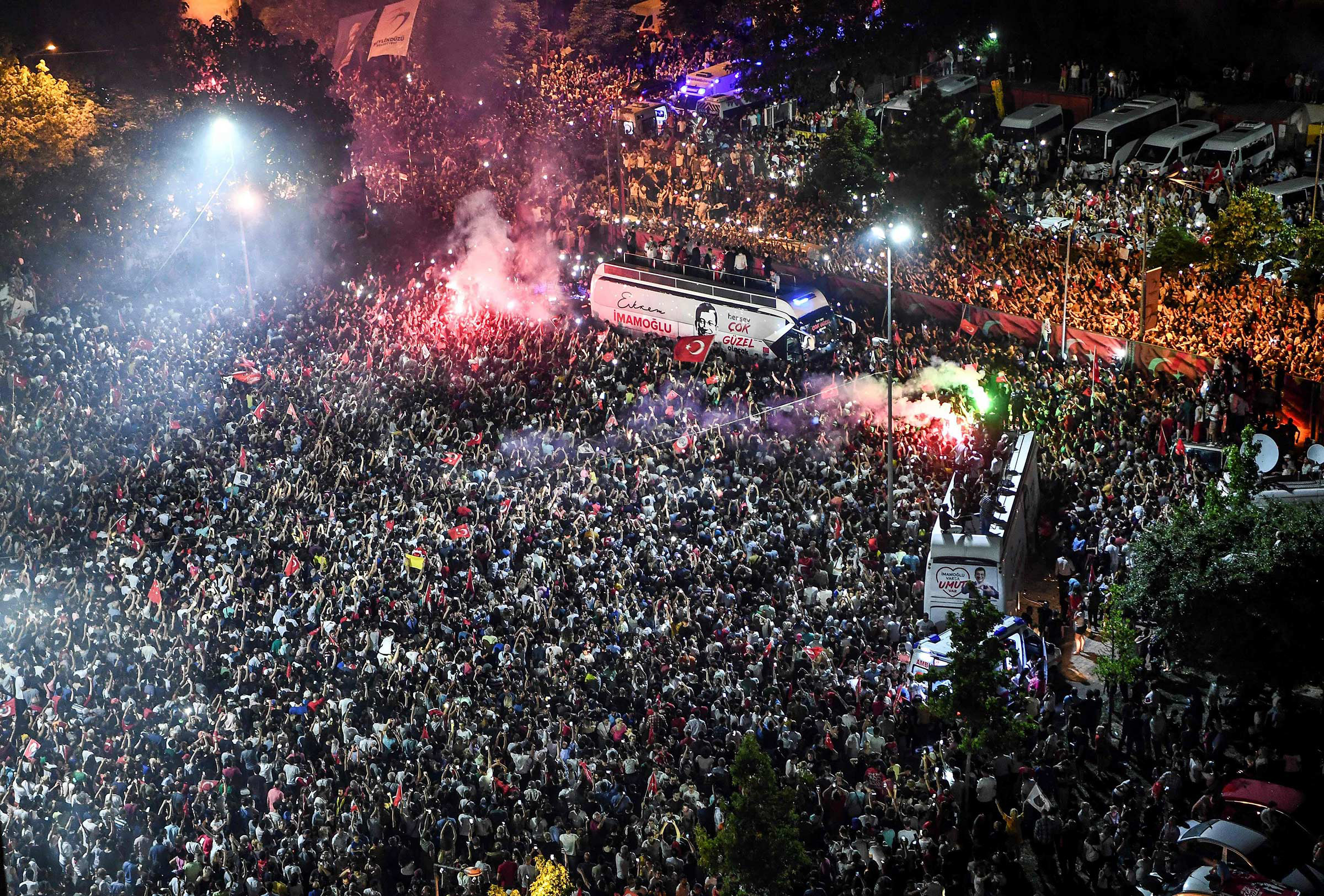 Thousands gathered to celebrate after the opposition candidate, Ekrem Imamoglu, emerged as winner of the repeat mayoral election in Istanbul on June 23, 2019. (STR/AFP/Getty Images)