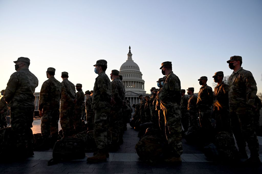 Members of the US National Guard arrive at the US Capitol on January 12, 2021 in Washington, DC. - The Pentagon is deploying as many as 15,000 National Guard troops to protect Biden's inauguration on January 20, amid fears of new violence. (AFP via Getty Images)