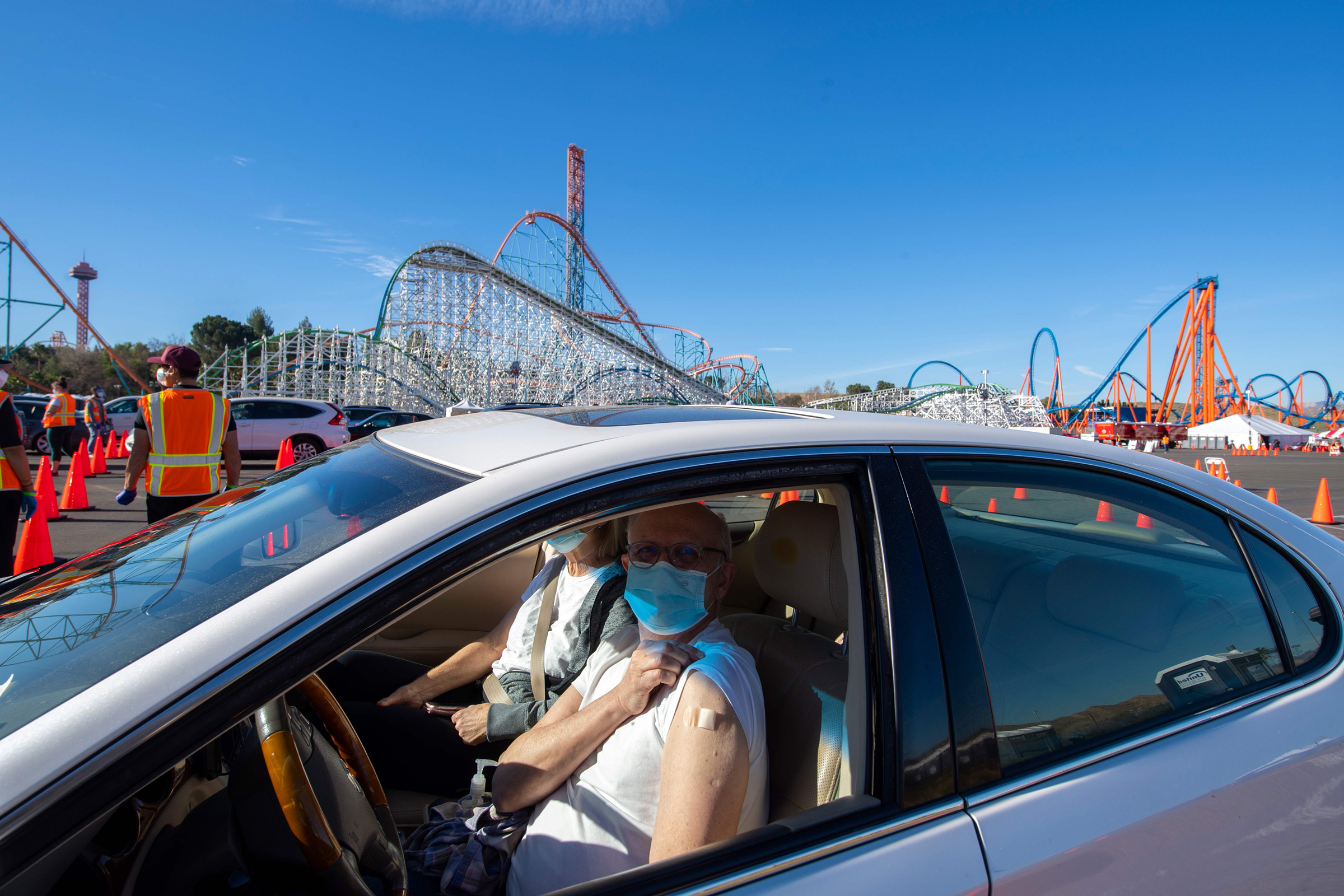 A vaccination site at Six Flags Magic Mountain in Valencia, Calif., on Feb. 2, 2021. (Valerie Macon—AFP/Getty Images)