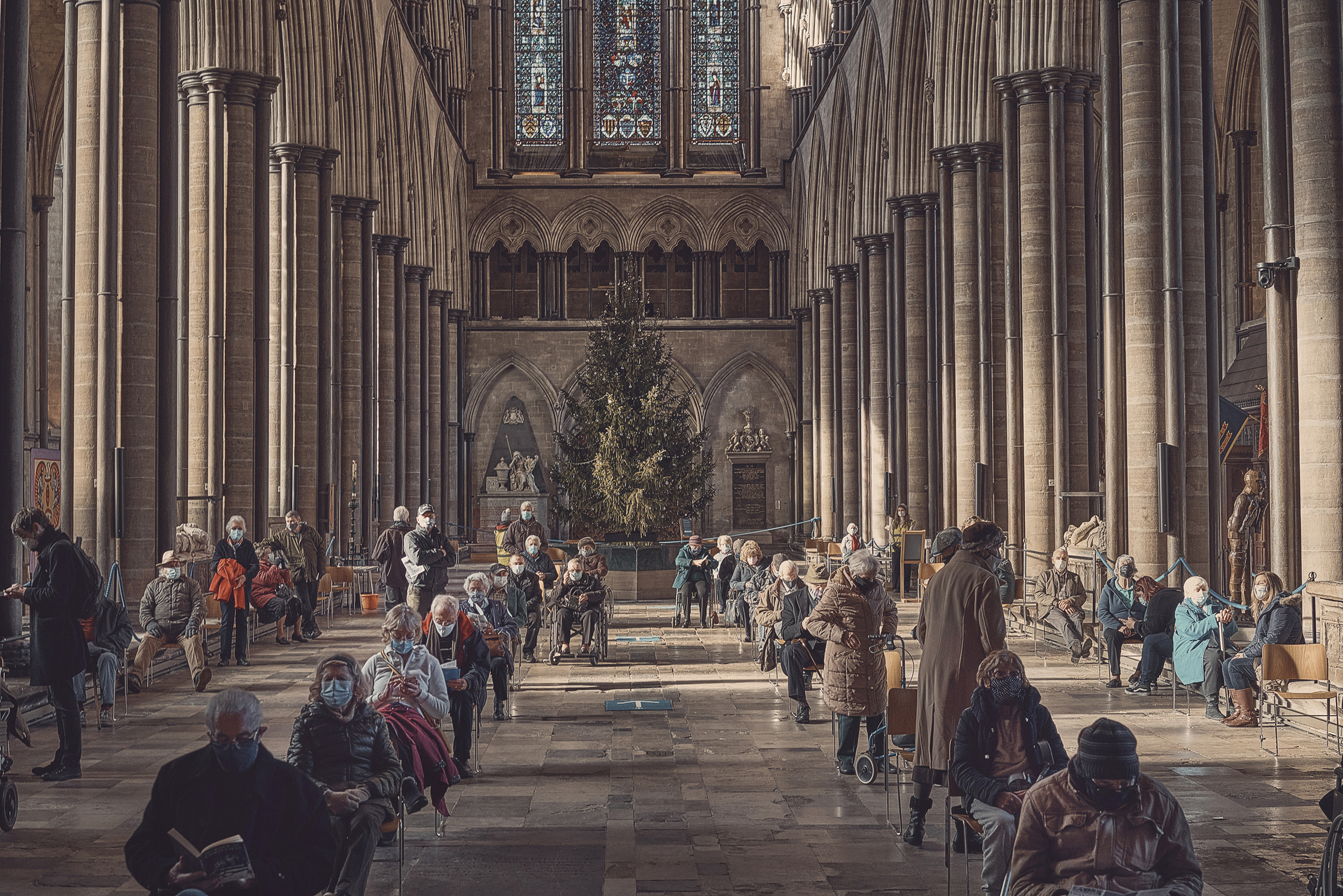 Salisbury Cathedral functions as a COVID-19 vaccination site in Salisbury, England, on Jan. 23, 2021. (Tom Jamieson—The New York Times/Redux)