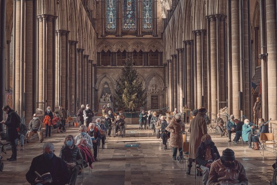 Salisbury Cathedral functions as a COVID-19 vaccination site in Salisbury, England on Jan. 23 2021. (Tom Jamieson/The New York Times)