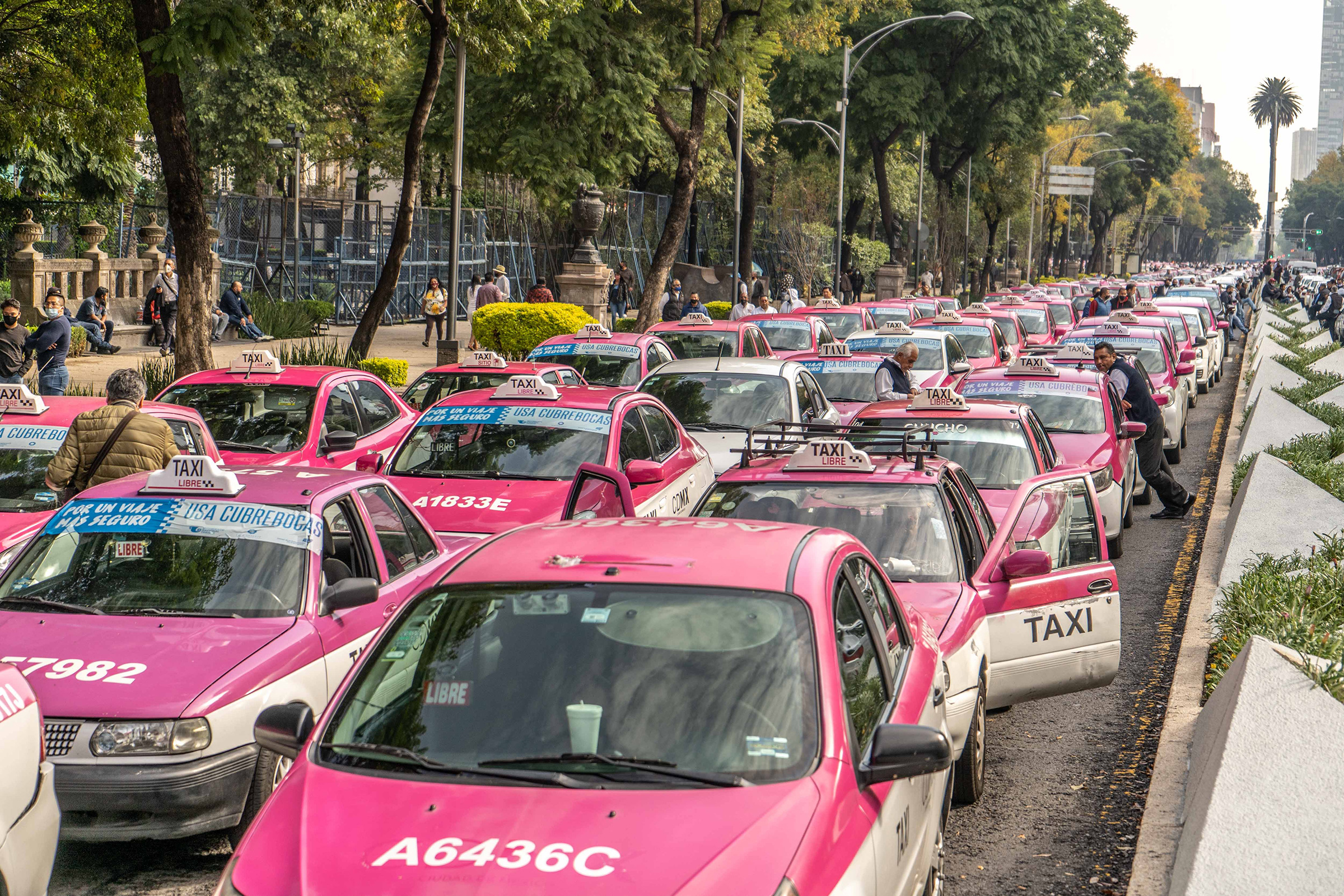 Taxi drivers in Mexico City protest on Oct. 12 over the rise of foreign ride-share apps including Uber and DiDi