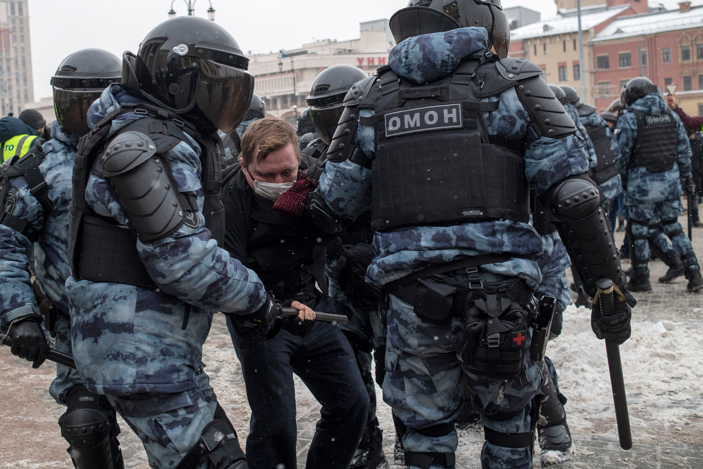 Some 5,100 people were reportedly detained across Russia on Jan. 31, including more than 1,600 in Moscow, shown here.