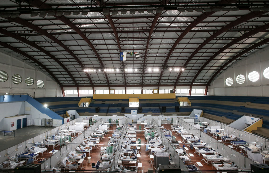 The Pedro DellAntonia Sports Complex field hospital as coronavirus cases soar on March 11, 2021 in Santo Andre, Brazil. (Alexandre Schneider–Getty Images)