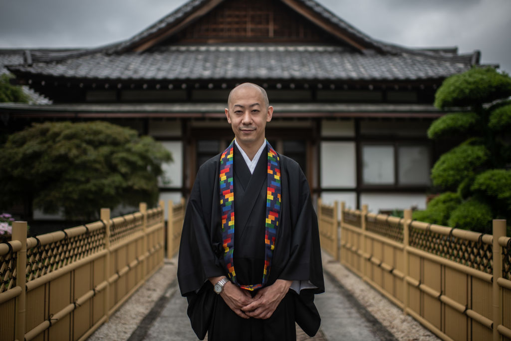 Deputy chief priest Myokan Senda poses for a photograph at Saimyo-ji Buddhist Temple where he has announced he will conduct LGBT weddings after local authorities formally recognised same-sex partnerships in May, on June 25, 2020 in Kawagoe, Japan. (Carl Court/Getty Images)