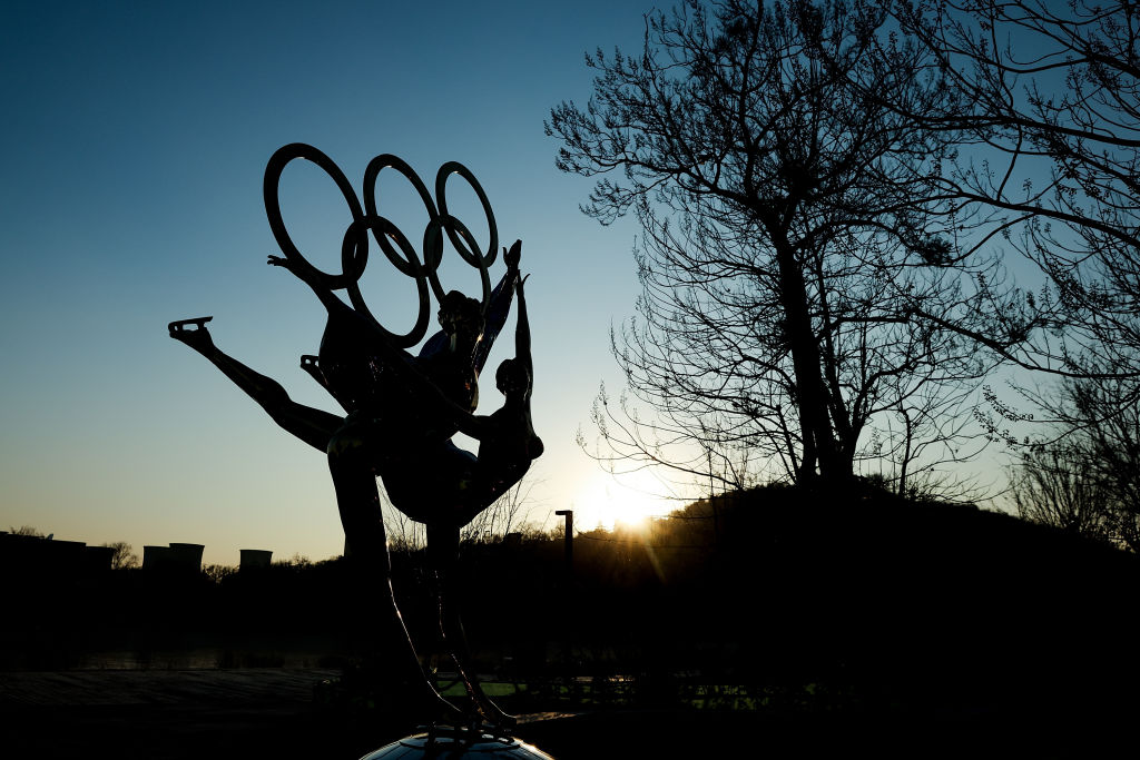 A sculpture depicts Olympic figure skaters for the 2022 Beijing Winter Olympics at Shougang Park on December 16, 2020 in Beijing, China. (Lintao Zhang/Getty Images)