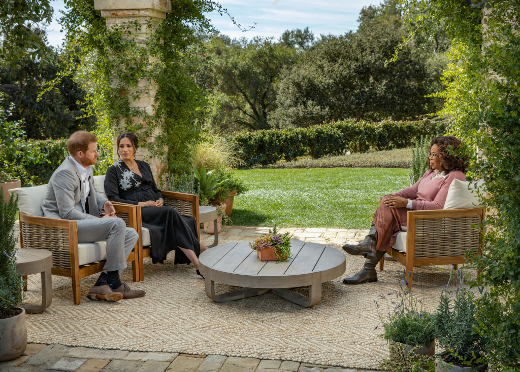 In this handout image provided by Harpo Productions and released on March 5, 2021, Oprah Winfrey interviews Prince Harry and Meghan Markle on A CBS Primetime Special premiering on CBS on March 7, 2021 (Harpo Productions/Joe Pugliese v&mdash;2021 Harpo Productions/Joe Pugliese)