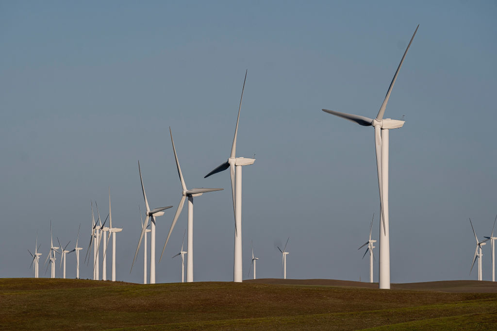 Wind turbines at a wind farm near Highway 12 in Rio Vista, California, on March 30, 2021. (David Paul Morris—Bloomberg/Getty Images)