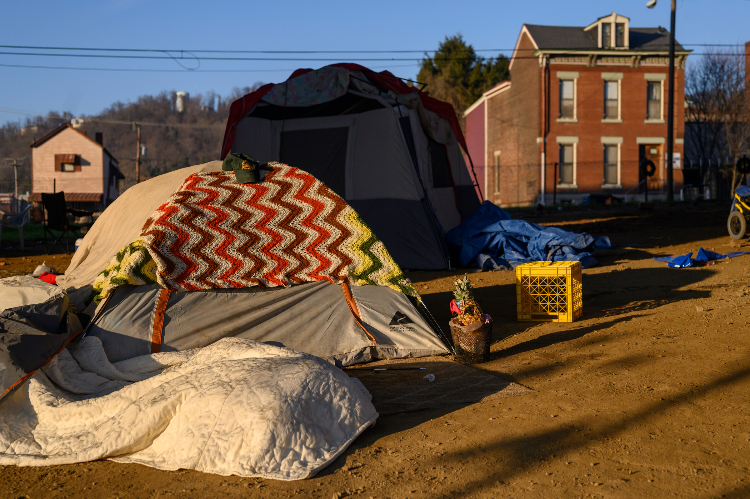 A tent encampment erected during the pandemic to move some of the most vulnerable of the unhoused population closer to a shower and handwashing station set up by House of Hagar after many agencies stopped offering services. (Rebecca Kiger)