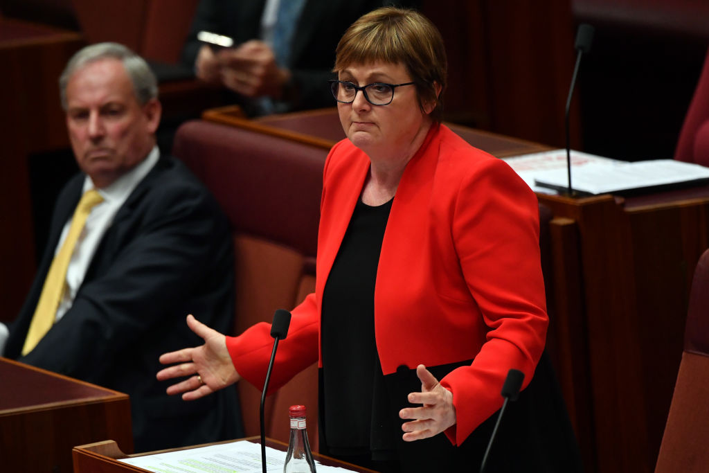Defense Minister Linda Reynolds gestures during Question Time in the Senate on Feb. 22, 2021 in Canberra, Australia following allegations that a former staffer, Brittany Higgins, was sexually assaulted by a colleague in Reynolds’ office in Parliament House in 2019. (Sam Mooy/Getty Images)