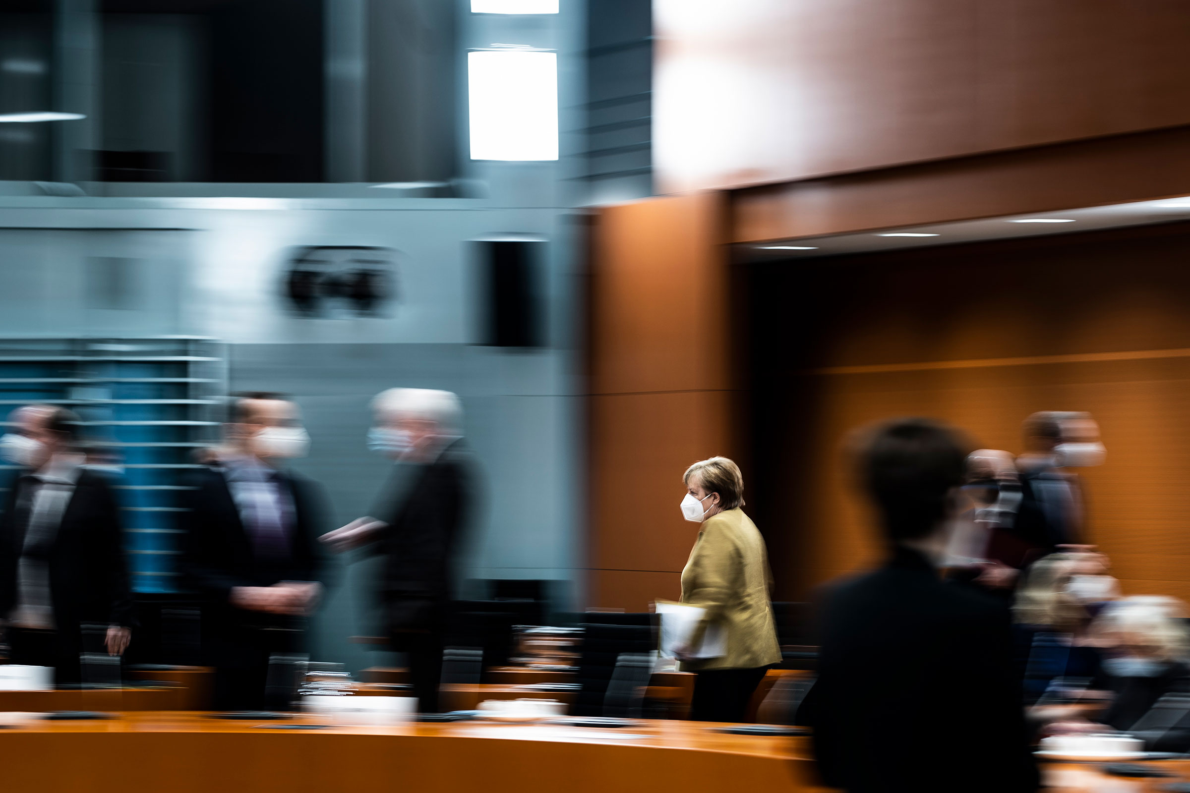 German Chancellor Angela Merkel arrives for the weekly meeting of the cabinet in Berlin, Germany on March 17, 2021. (Florian Gaertner—Photothek/Getty Images)