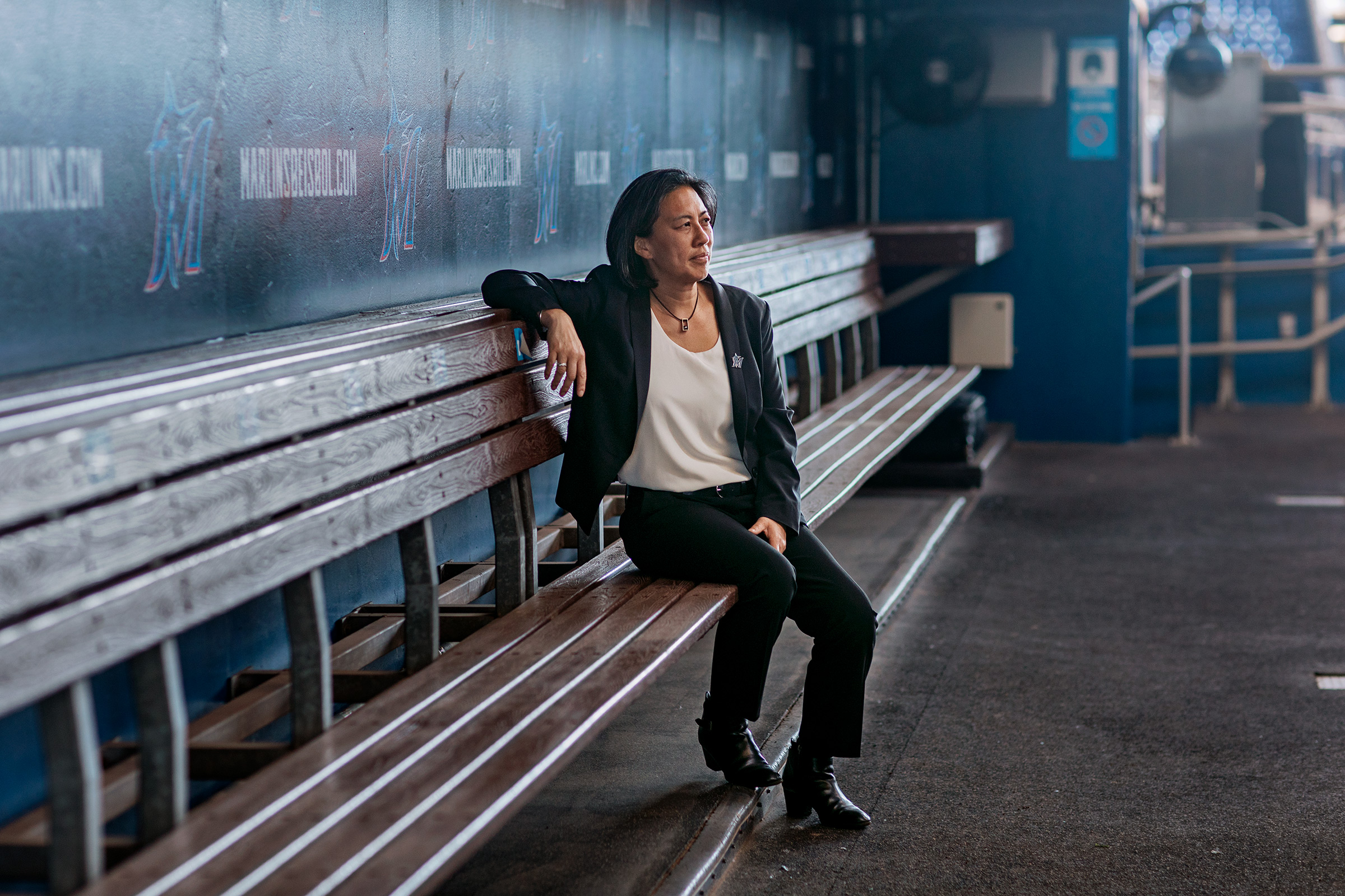 Kim Ng in the dugout of Marlins Park in Miami on Feb. 9 (Rose Marie Cromwell for TIME)