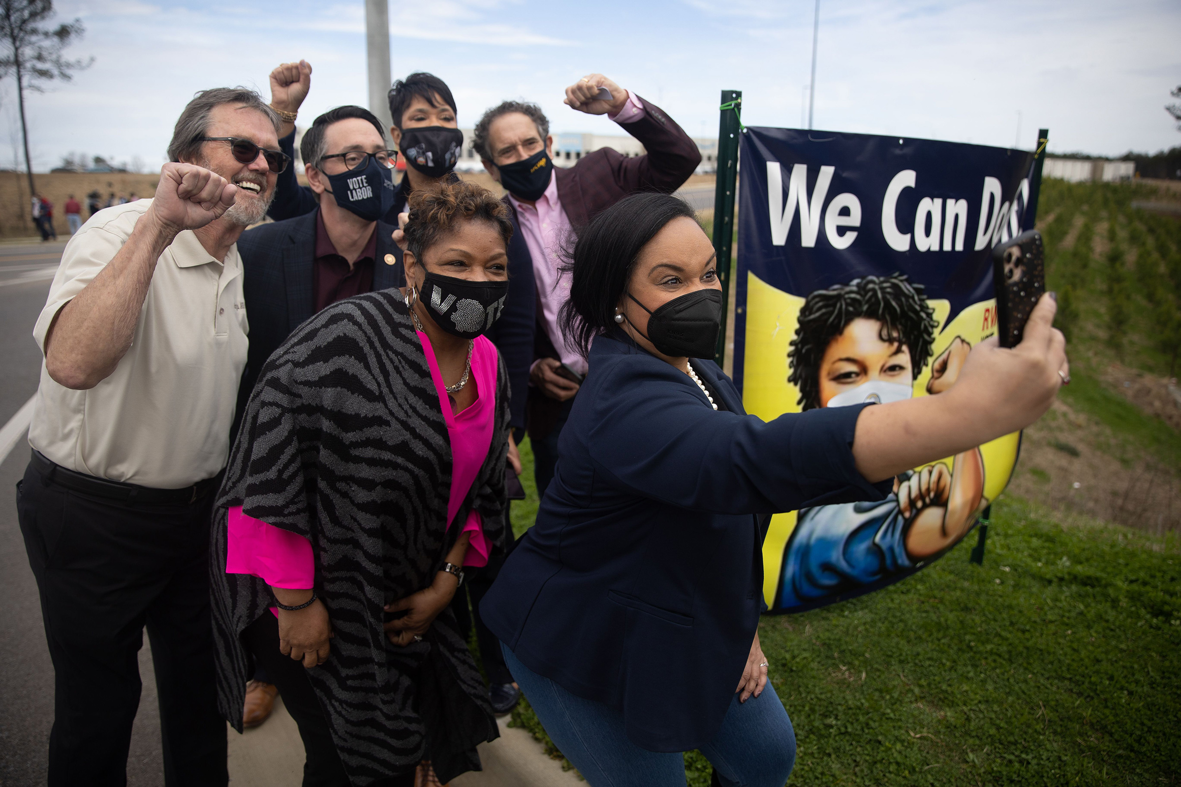 Congressman Nikema Williams meets union organizers outside of the Amazon BHM1 facility during a congressional visit to the site in Birmingham, Ala., on March 5, 2021.