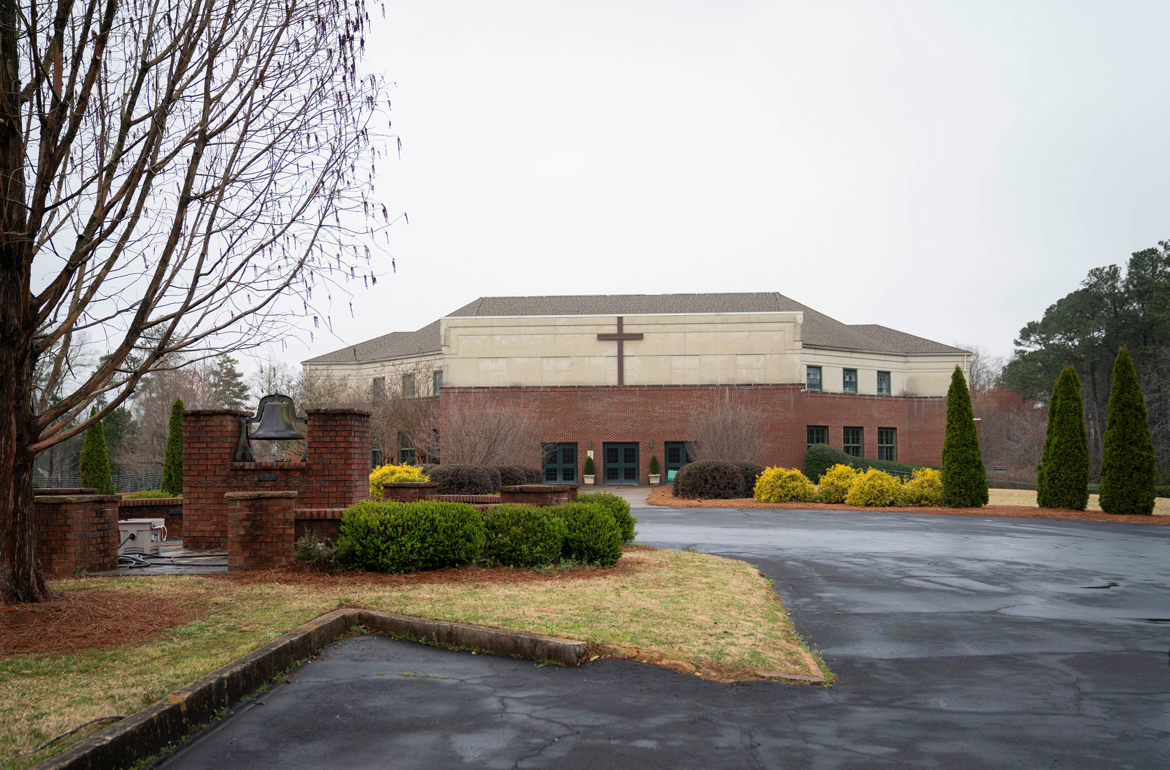 Crabapple First Baptist Church, where the Atlanta shooting suspect Robert Aaron Long was an active member, in Milton, Ga., March 17. The church posted a lengthy statement on its website Friday morning that called this week's attacks on three spas 