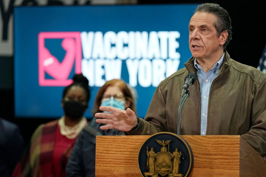 New York Governor Andrew Cuomo speaks during a press conference before the opening of a Covid-19 vaccination site in Queens on Feb. 24, 2021. (Seth Wenig—AFP)