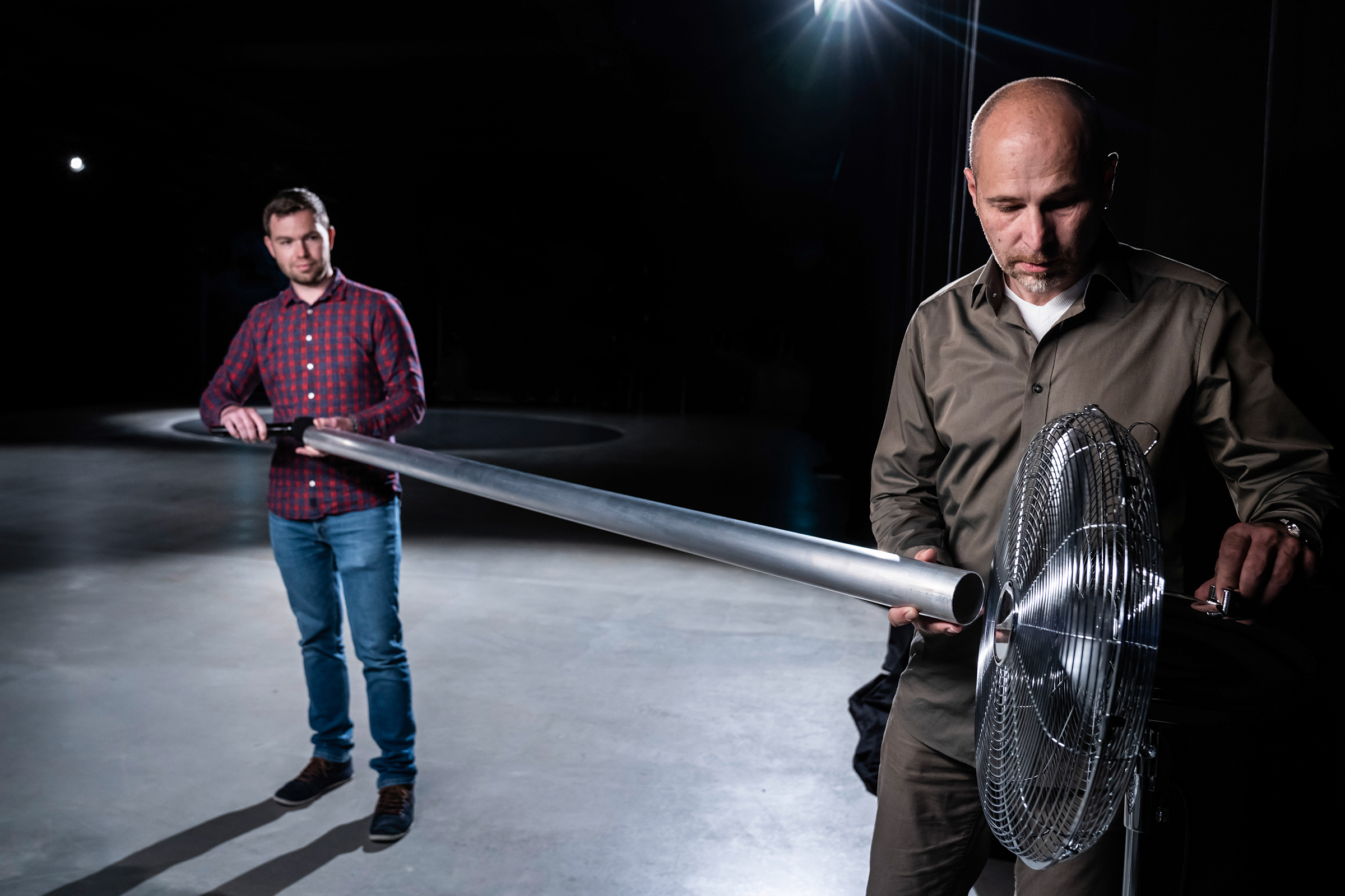 Audi sound engineers Stephan Gsell and Rudolf Halbmeir experiment with sound-production techniques (Courtesy Audi)