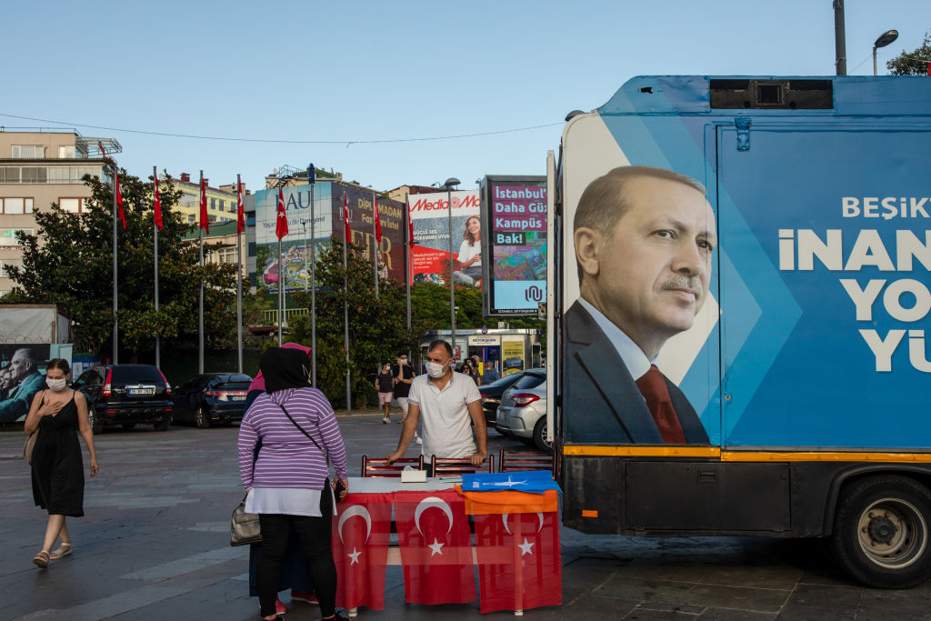 A Justice and Development Party (AKP) campaign truck, featuring an image of Turkey's President Recep Tayyip Erdogan, sits parked in Istanbul, Turkey, on Thursday, Aug. 27, 2020. (Nicole Tung/Bloomberg via Getty Images)