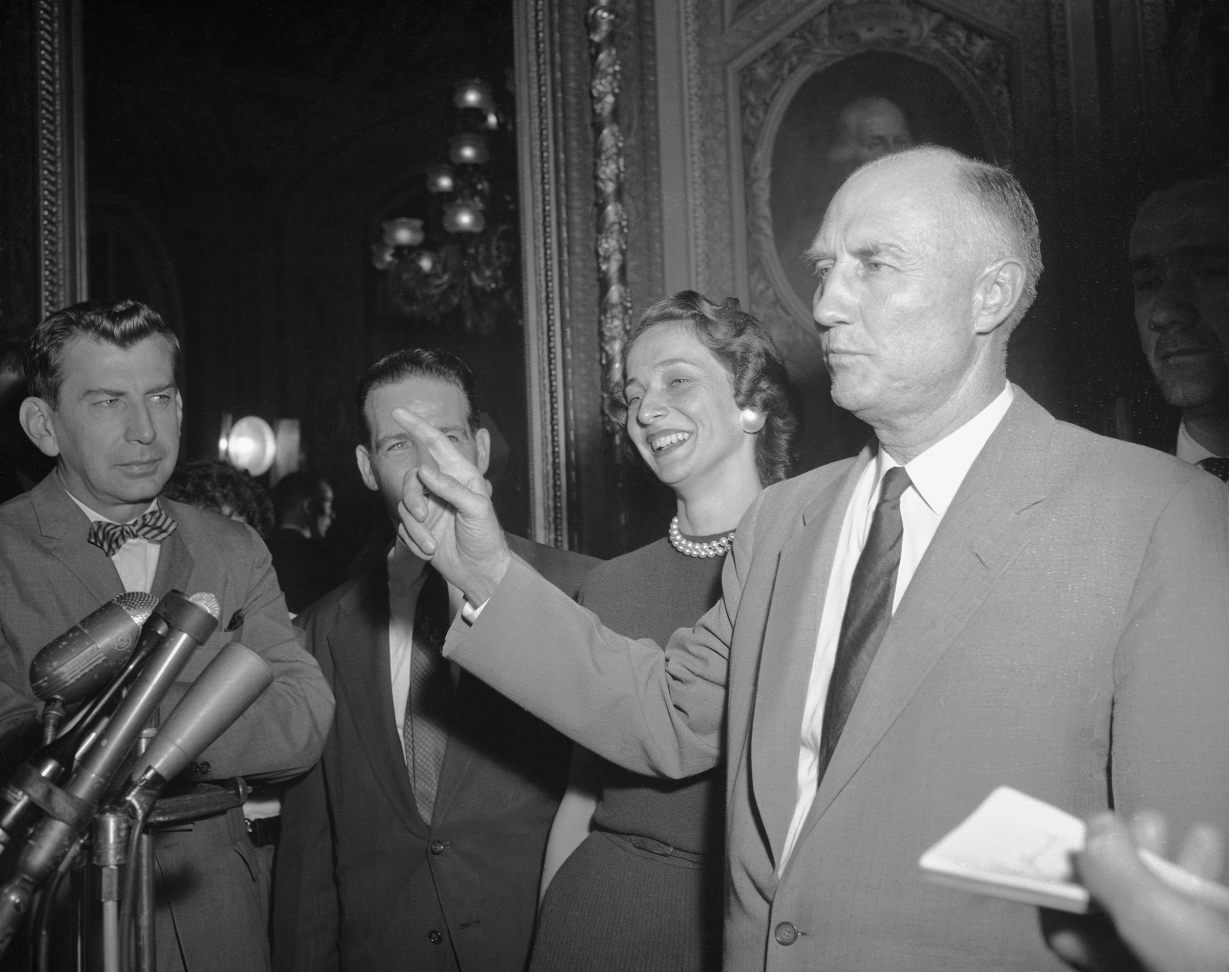 Sen. Strom Thurmond speaks with reporters after ending the longest filibuster on record — a 24-hour, 18-minute talkathon against the Civil Rights Act of 1957 in the Senate Chamber — Washington, D.C. on Aug. 29, 1957. (Bettmann Archive/Getty Images)