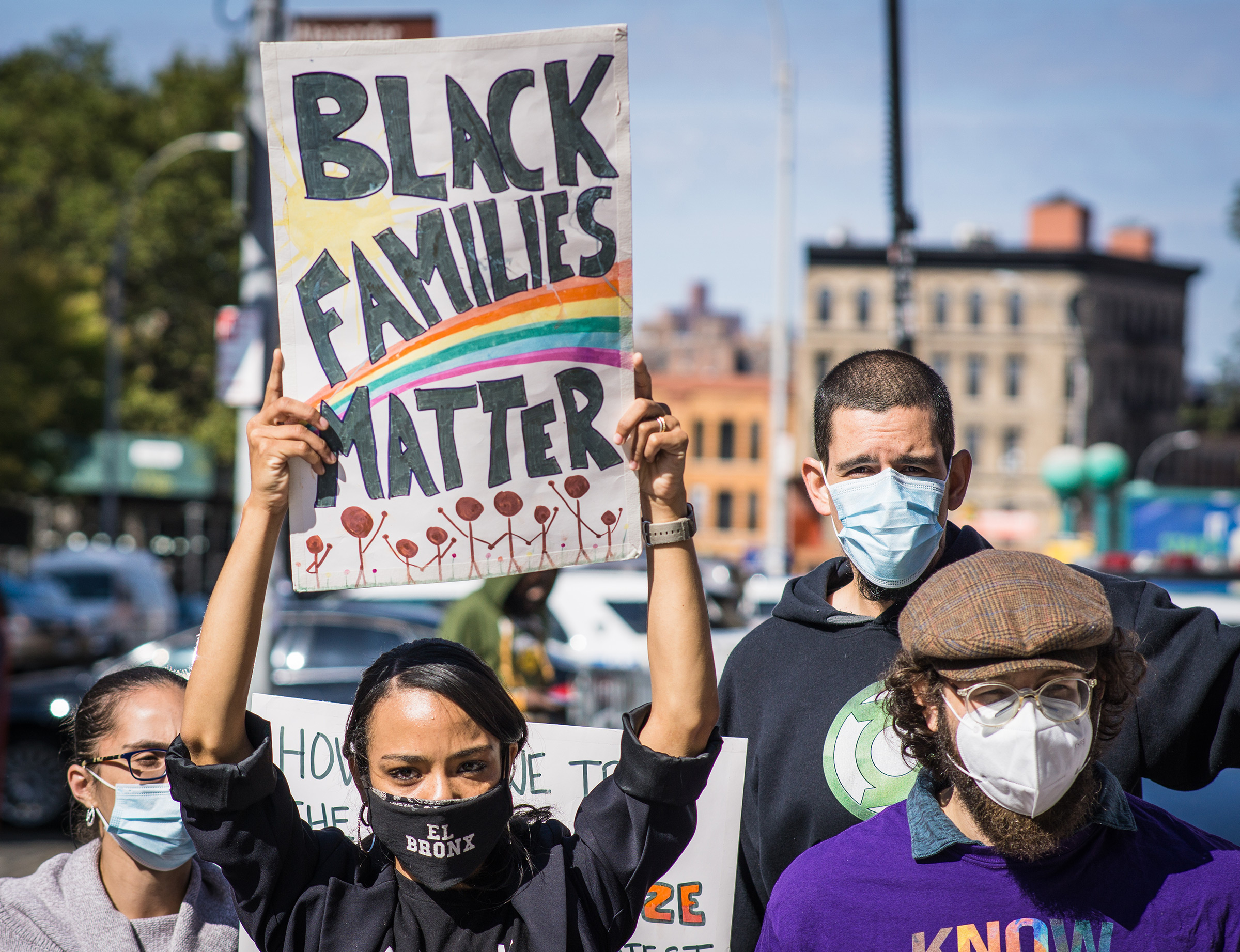 Residents and members of Mott Haven Families protest outside the precinct in the Bronx, New York, on Oct. 4, 2020. (Steve Sanchez—Pacific Press/Sipa USA)