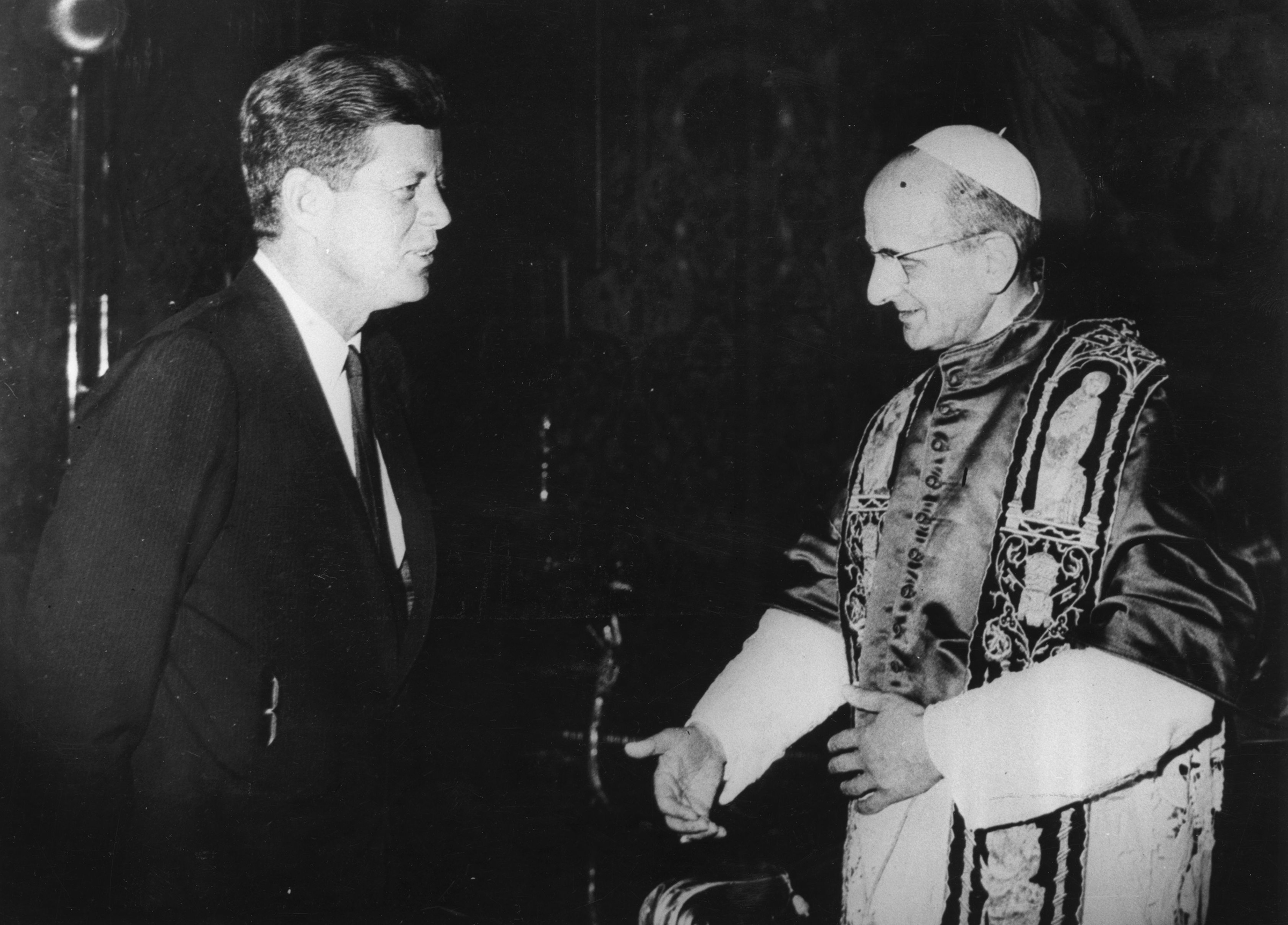 John F. Kennedy, the nation’s first Roman Catholic President, greets the newly elected Pope Paul VI at the Vatican in July 1963