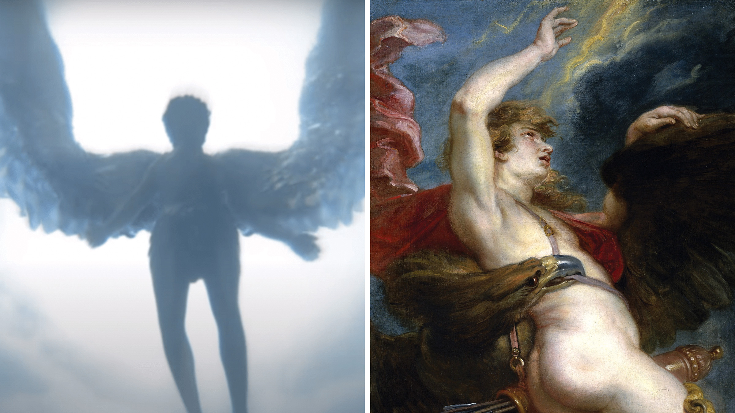Left: An angelic figure, which resembles the Greek mythological figure Ganymede, in Lil Nas X's "Montero."; Right: The painting "The Rape of Ganymede" by Rubens. (YouTube; Commons)