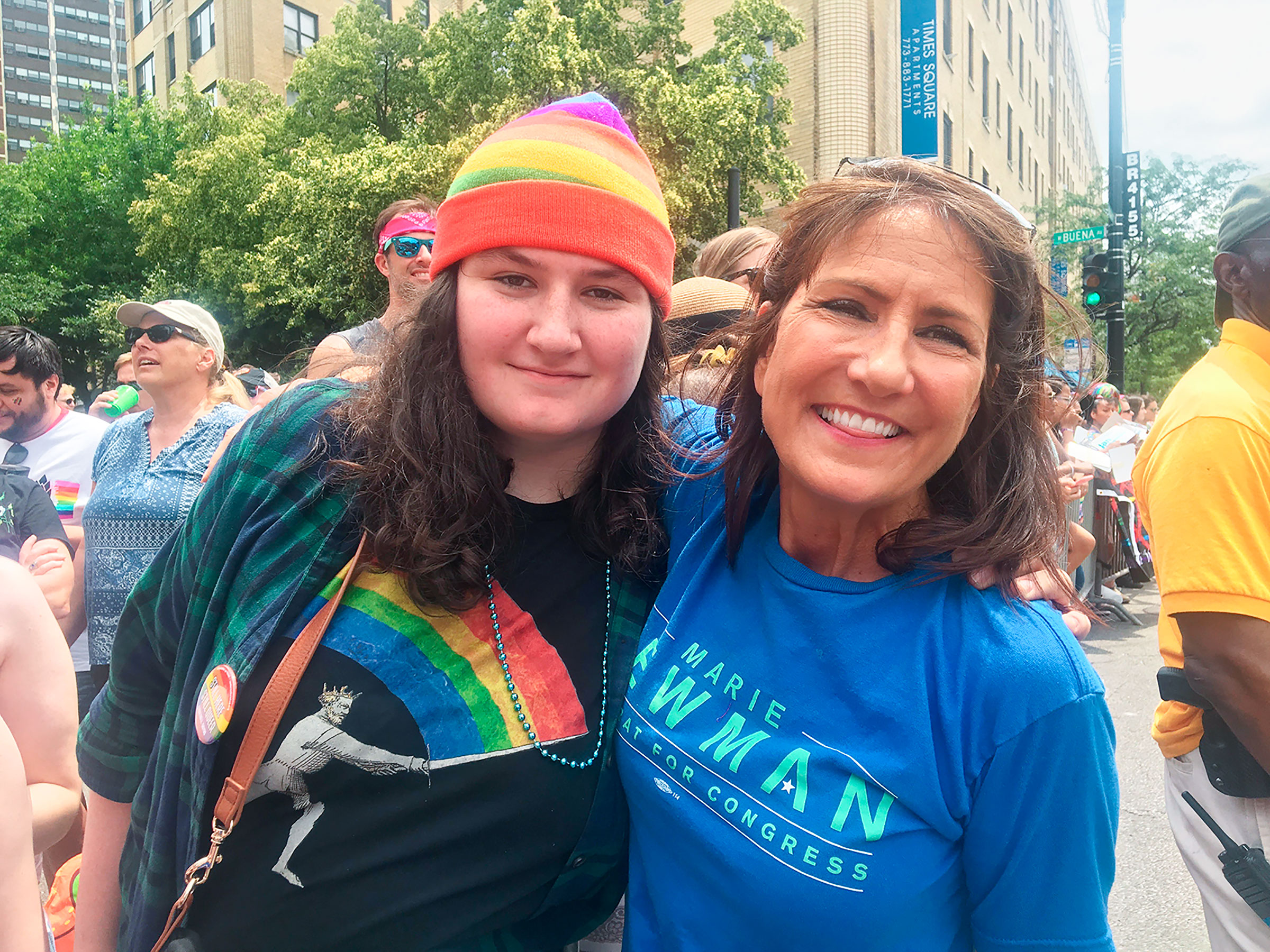 Congresswoman Marie Newman, right, and her daughter Evie Newman, left, at the 2019 Chicago Pride Parade. (Courtesy Marie Newman for Congress)