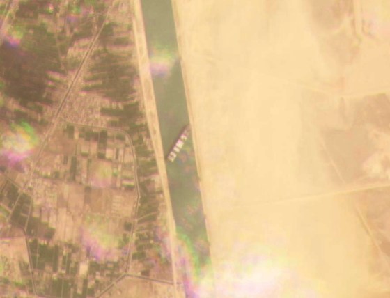 This satellite image from Planet Labs Inc. shows the cargo ship MV Ever Given stuck in the Suez Canal near Suez, Egypt, Tuesday, March 23, 2021.