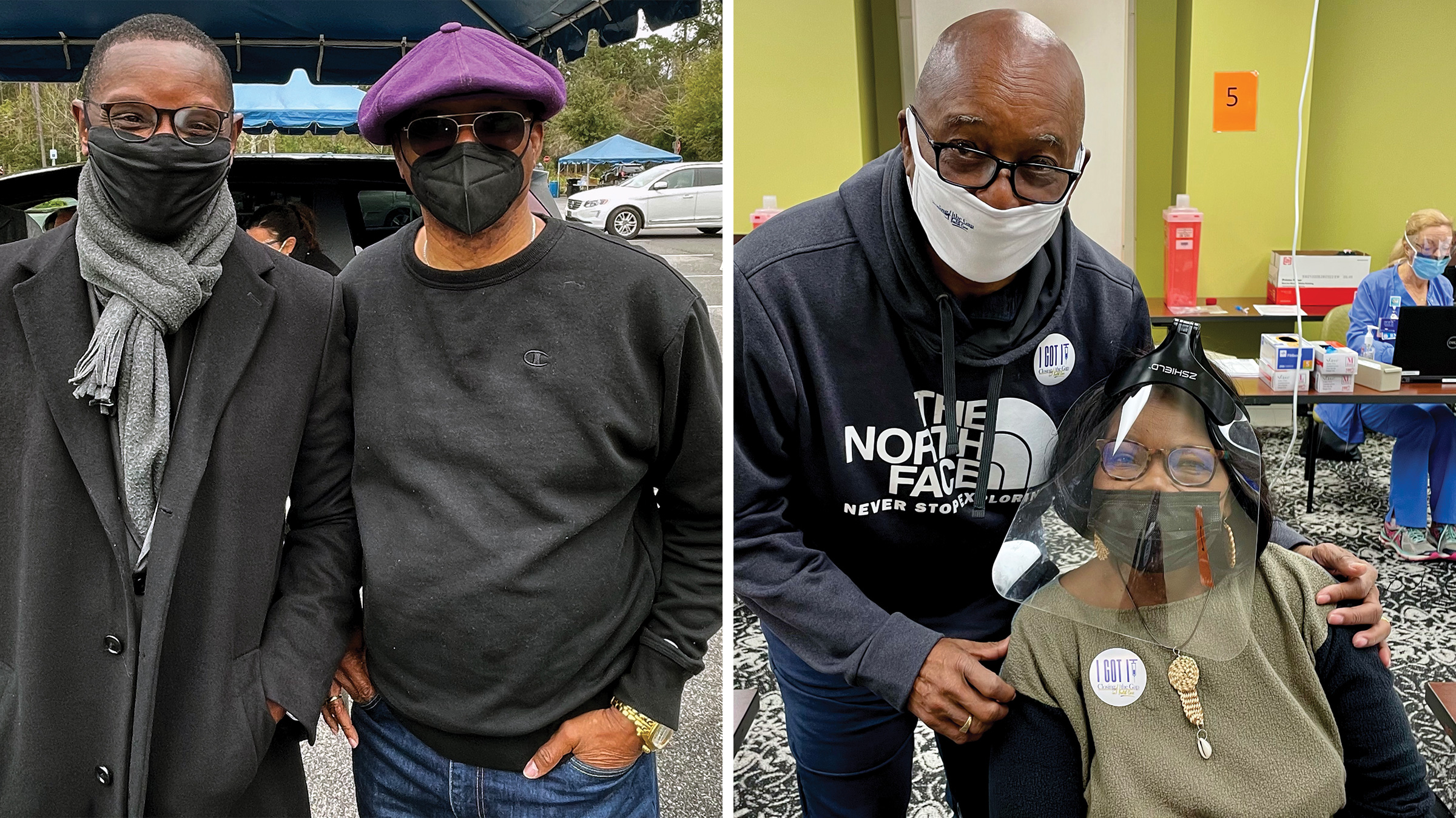 Left: Pastor Kylon Middleton, with Dr. Thaddeus Bell at East Cooper Medical Center in Mount Pleasant, S.C. on March 13; Right: Dr. Thaddeus Bell, with Henrietta Snype at East Cooper Medical Center in Mount Pleasant, S.C. on March 19. (Courtesy Tony Clarke)