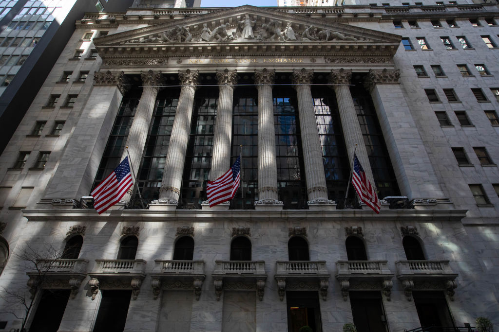 American flags in front of the New York Stock Exchange (NYSE) in the Financial District of New York, U.S., on Friday, March 5, 2021. Stocks climbed as technology shares rebounded from an earlier selloff. (Michael Nagle/Bloomberg via Getty Images)