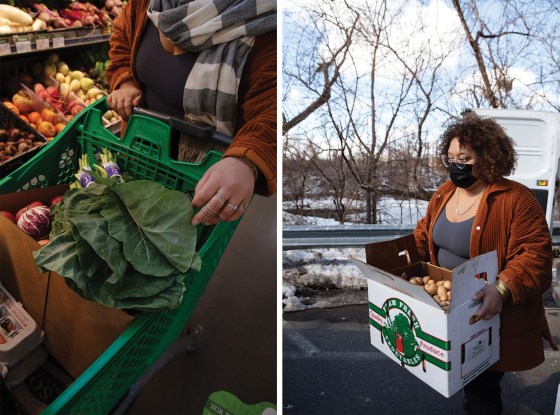 Anderson picks up groceries from Honest Weight Food Co-op, left, and potatoes from Denison Farm, right, to fill the fridges