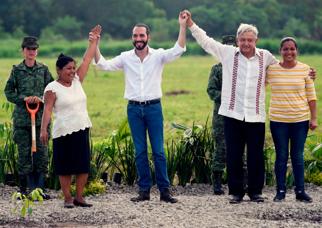 Mexican President Andrés Manuel López Obrador and his Salvadoran counterpart Nayib Bukele at a launch event for the Sowing Life program in Tapachula, Chiapas state, Mexico on June 20, 2019. (Alfredo Estrella –AFP/Getty Images)