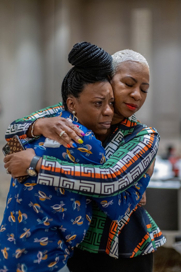 After anxiously waiting for the news, Tedra McGee, George Floyd's second cousin, hugs her mother, Shareeduh McGee, Floyd's first cousin, just after the verdicts were read.