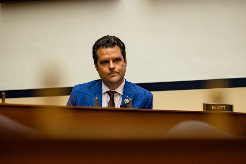 Rep. Matt Gaetz (R-FL) during a House Armed Services Subcommittee hearing with members of the Fort Hood Independent Review Committee on Capitol Hill in Washington, DC, on December 9, 2020. (Samuel Corum—Getty Images)