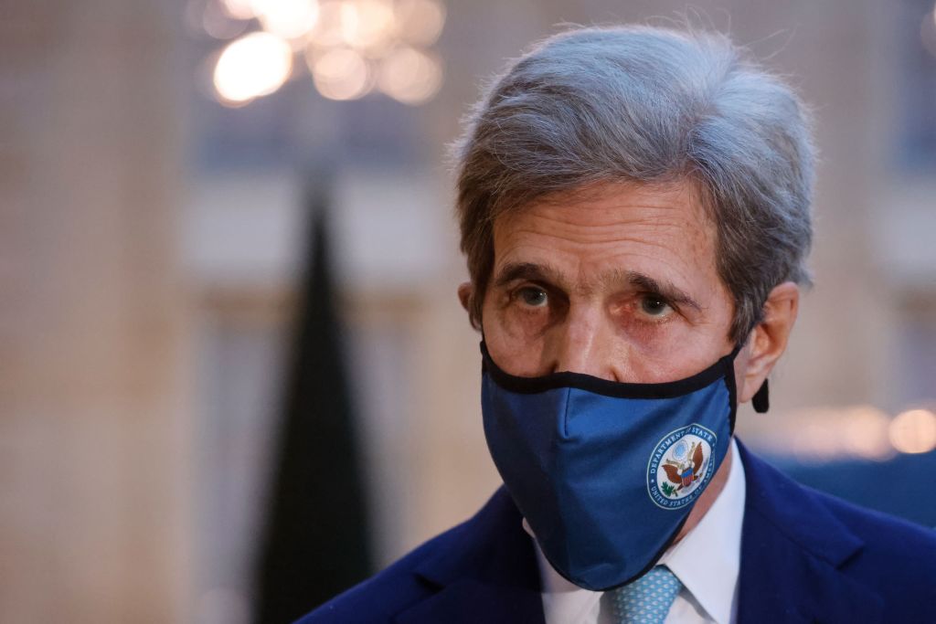 US Special Presidential Envoy for Climate John Kerry speaks to the press after a meeting with the French president at The Elysee Presidential Palace in Paris on March 10, 2021. (LUDOVIC MARIN/AFP via Getty Images)
