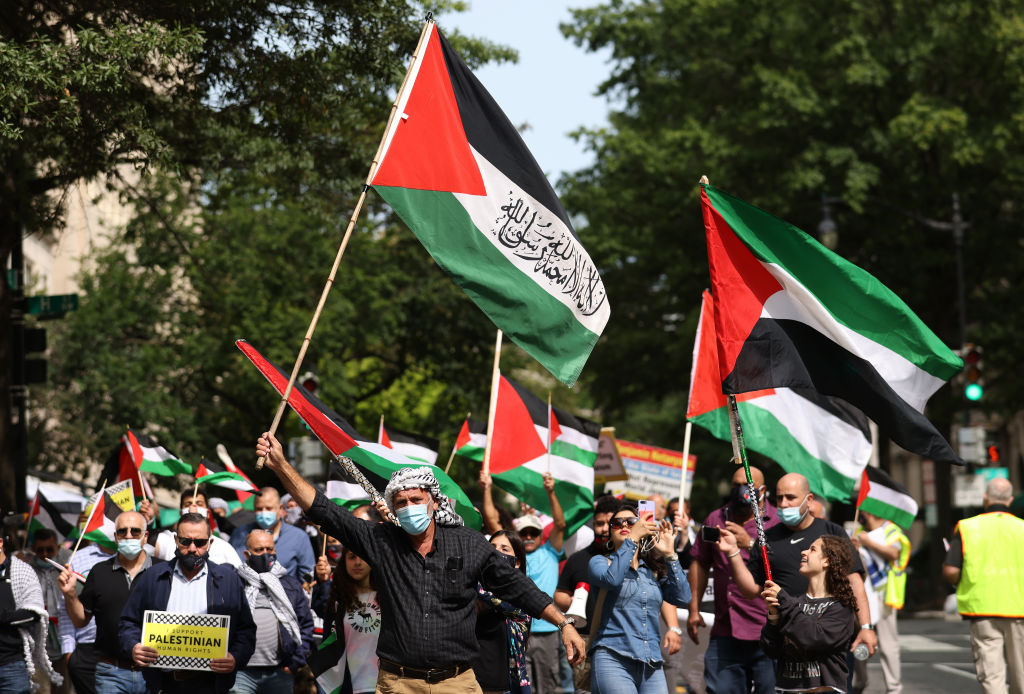 Protesters from multiple Palestinian rights organizations march outside the White House on Sept. 15, 2020 in Washington, DC. (Win McNamee—Getty Images)