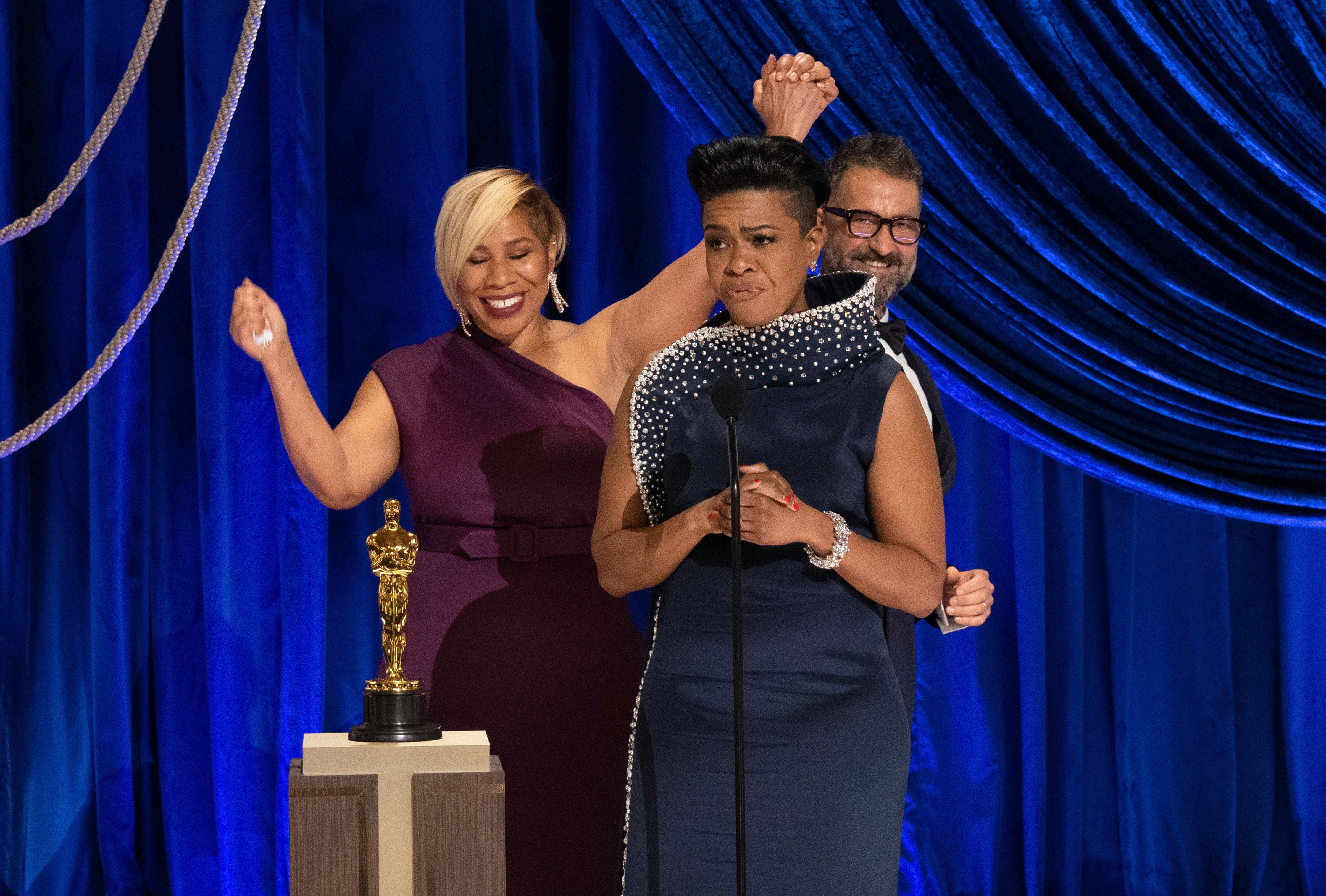 Jamika Wilson, Mia Neal, and Sergio Lopez-Rivera accept the Makeup and Hairstyling award for 'Ma Rainey's Black Bottom’ during the 93rd Annual Academy Awards (A.M.P.A.S. via Getty Images—2021 A.M.P.A.S.)