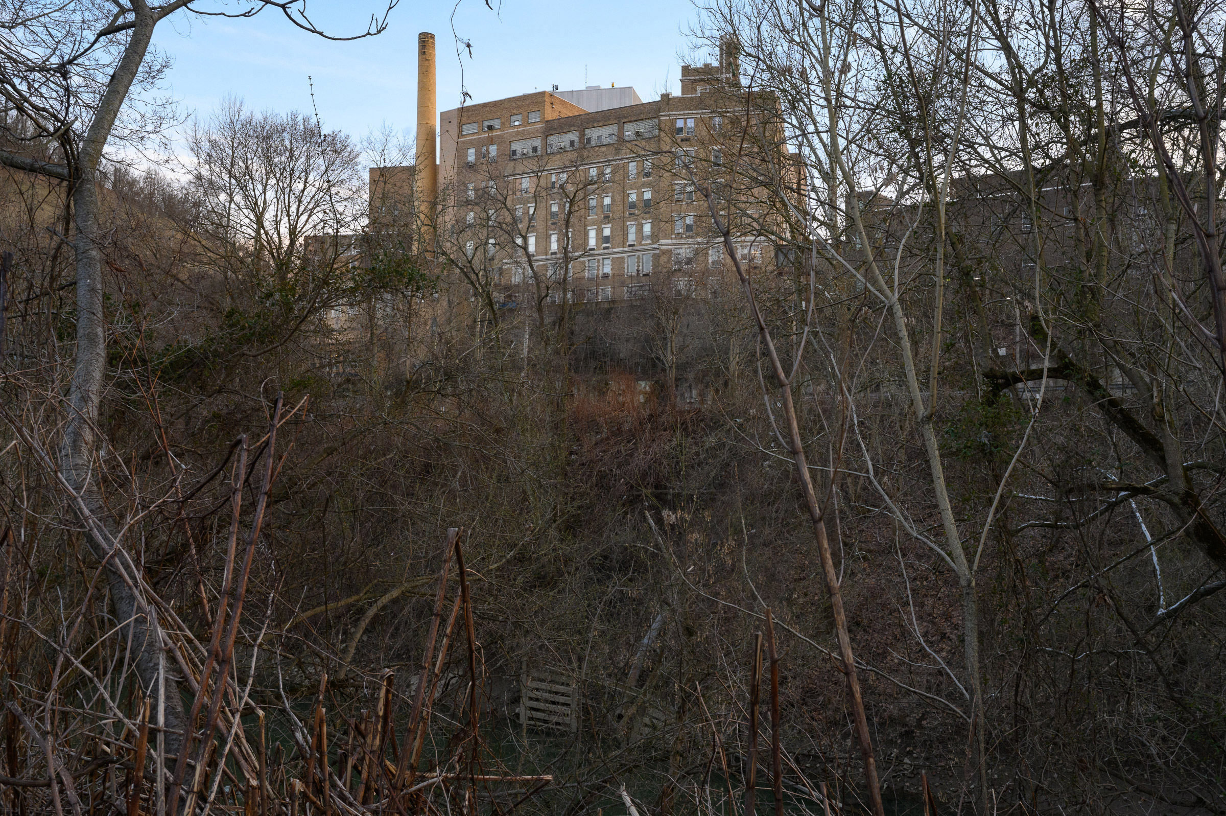 A view of the Ohio Valley Medical Center that closed in 2019, seen from the former encampments along Wheeling Creek in March.