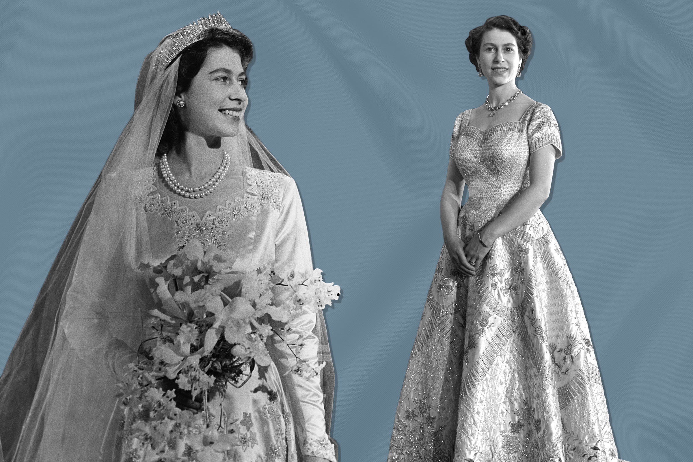 Princess Elizabeth, later Queen Elizabeth II on her wedding day in 1947; Queen Elizabeth II wearing the gown designed by Norman Hartnell for her Coronation ceremony 1953