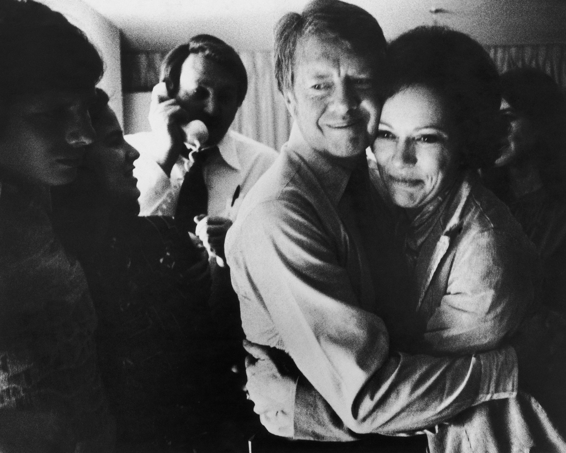 Jimmy Carter embraces Rosalynn after receiving the final news of his victory in the national general election, on Nov. 2, 1976.
