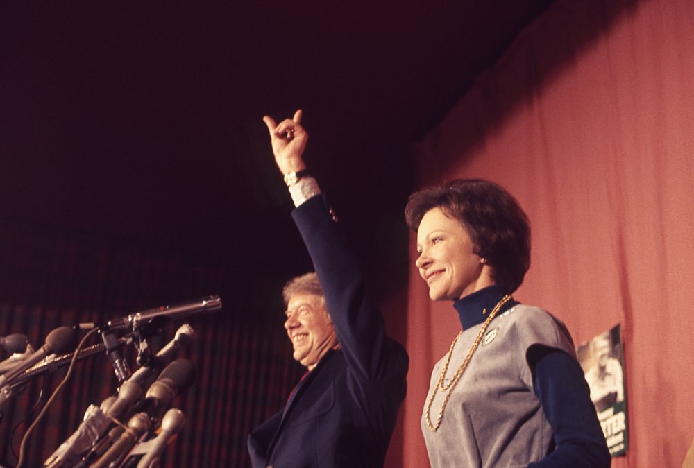Then presidential candidate Jimmy Carter and his wife, Rosalynn Carter, celebrate victory in the New Hampshire Democratic Primary election, on Feb. 24, 1976.